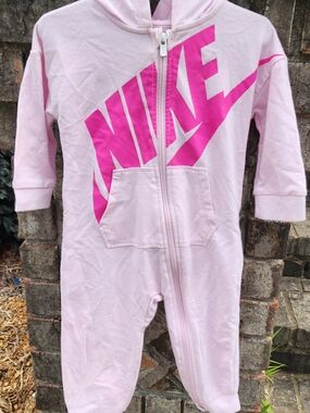 Nike Pink Hooded Baby One-Piece Footie with Fuchsia Logo